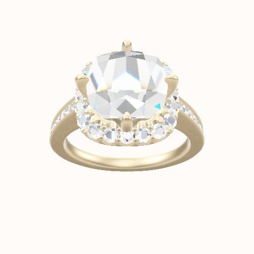 Micropave Cathedral Engagement Ring With Petal Prong Halo Head and Matching Band