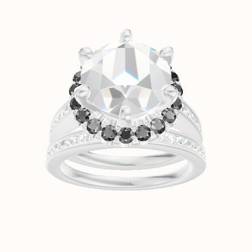 Micropave Cathedral Engagement Ring With Six Prong Halo Head and Matching Band
