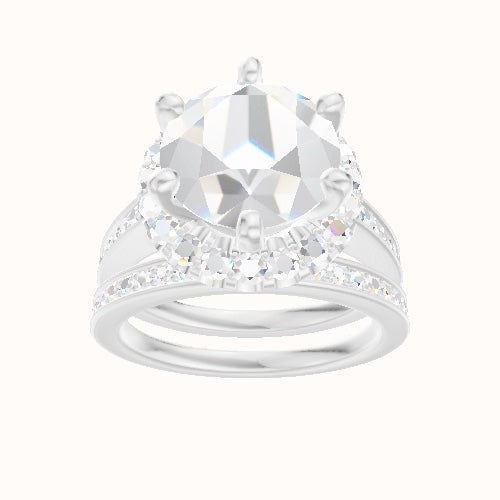 Micropave Cathedral Engagement Ring With Six Prong Halo Head and Matching Band