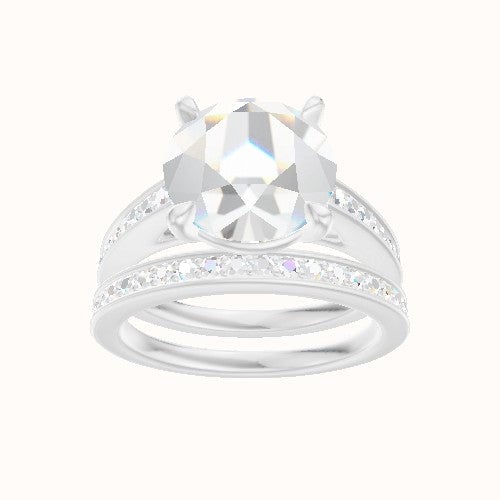 Micropave Cathedral Engagement Ring With Standard Four Prong Head and Matching Band