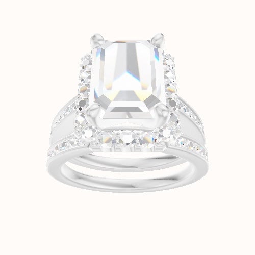 Micropave Cathedral Engagement Ring With V Prong Halo Head and Matching Band
