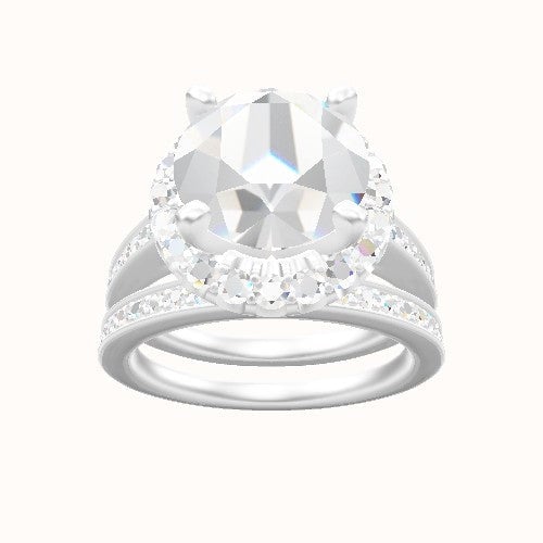 Micropave Cathedral Engagement Ring With V Prong Halo Head and Matching Band