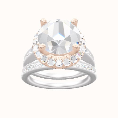 Micropave Cathedral Engagement Ring With V Prong Halo Head and Matching Band