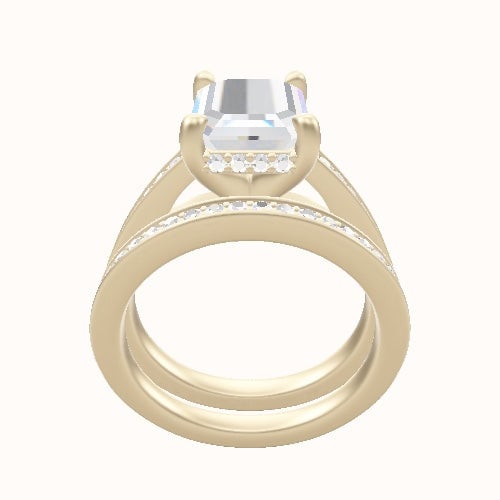 Micropave Cathedral Engagement Ring With V Prong with Hidden Halo Head and Matching Band
