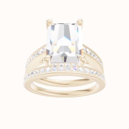 Micropave Cathedral Engagement Ring With V Prong with Hidden Halo Head and Matching Band