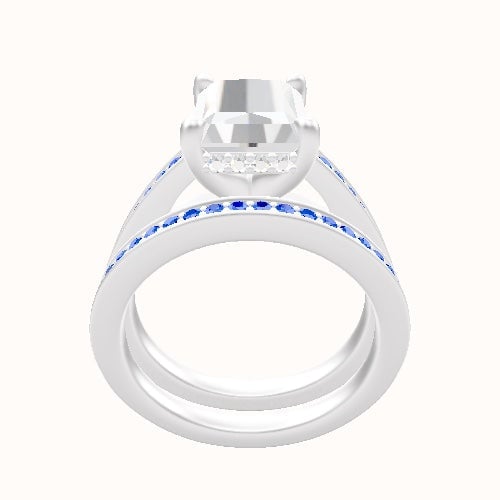 Micropave Cathedral Engagement Ring With V Prong with Hidden Halo Head and Matching Band