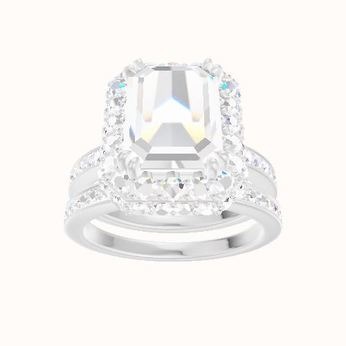 Micropave Engagement Ring With Double Prong Waterfall Halo Head and Matching Band