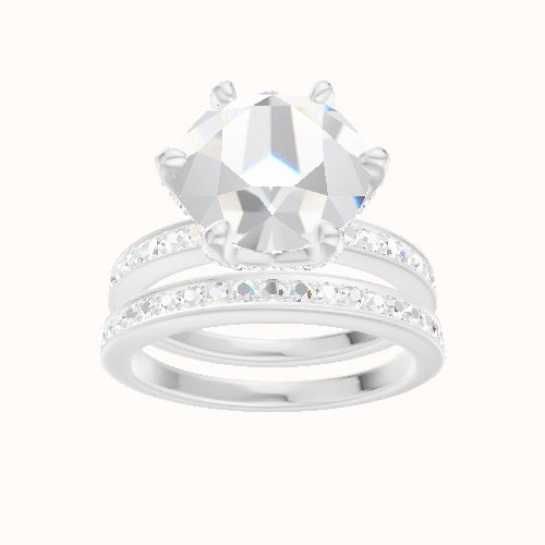Micropave Engagement Ring With Pave Petal Six Prong Head and Matching Band