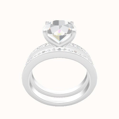 Micropave Engagement Ring With Petal Four Prong Head and Matching Band