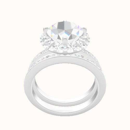 Micropave Engagement Ring With Petal Prong Halo Head and Matching Band