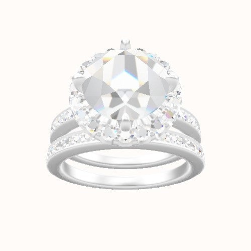 Micropave Engagement Ring With Petal Prong Halo Head and Matching Band