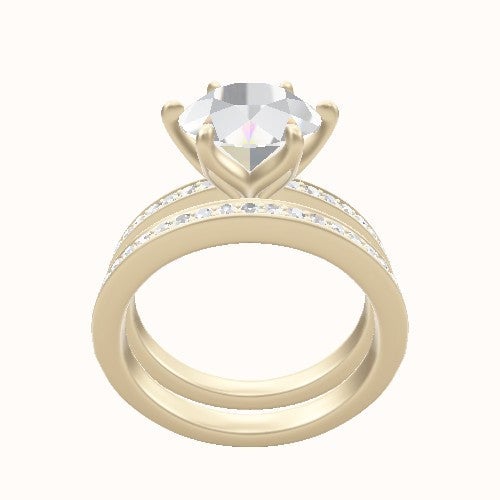 Micropave Engagement Ring With Petal Six Prong Head and Matching Band
