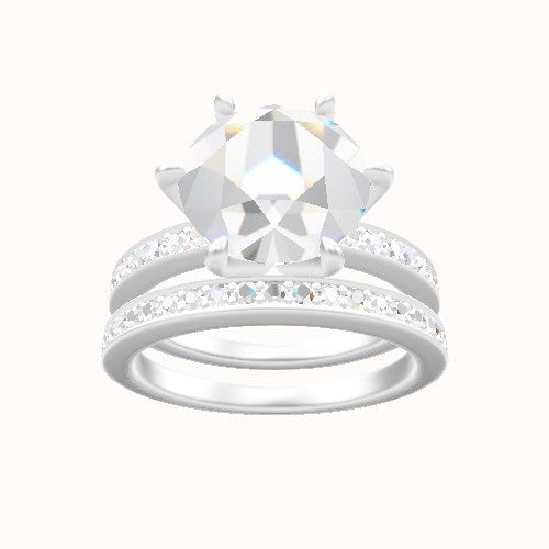 Micropave Engagement Ring With Petal Six Prong Head and Matching Band