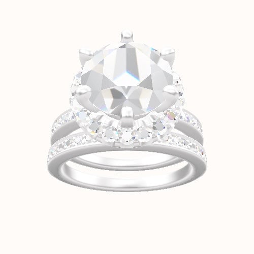 Micropave Engagement Ring With Six Prong Halo Head and Matching Band