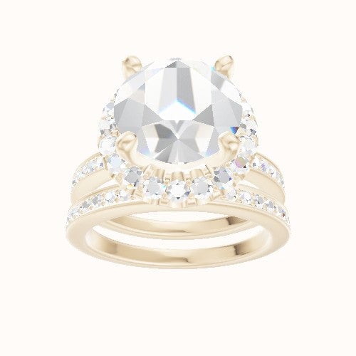 Micropave Engagement Ring With V Prong Halo Head and Matching Band