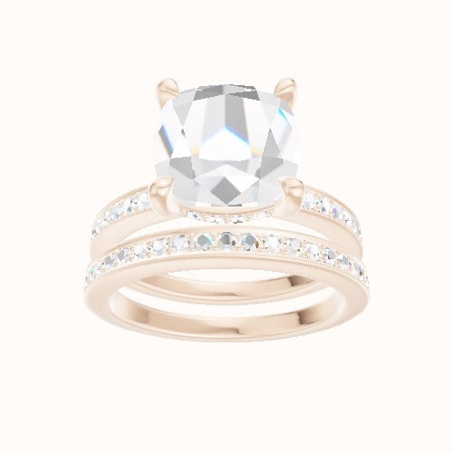 Micropave Engagement Ring With V Prong with Hidden Halo Head and Matching Band