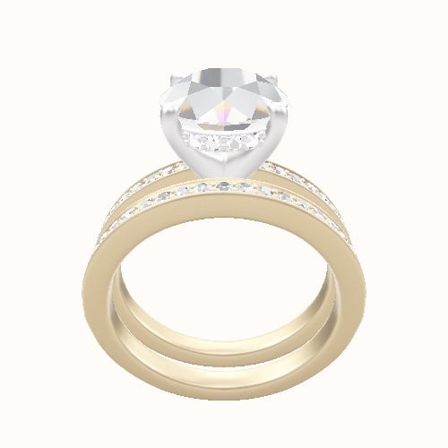 Micropave Engagement Ring With V Prong with Hidden Halo Head and Matching Band
