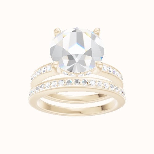 Micropave Engagement Ring With V Prong with Hidden Halo Head and Matching Band