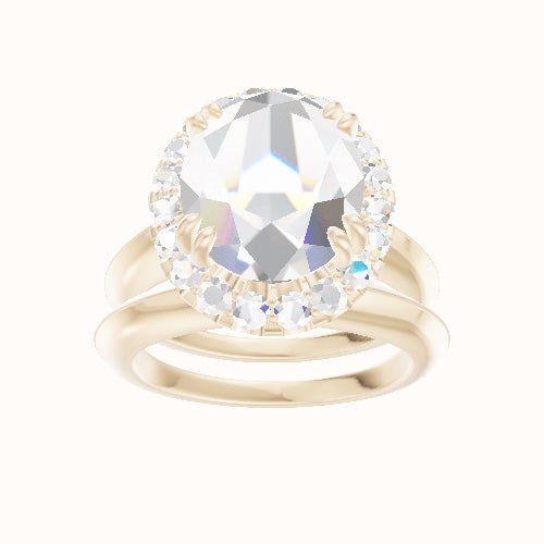 Modern Knife Edge Engagement Ring With Halo with Double Prong Head and Matching Band