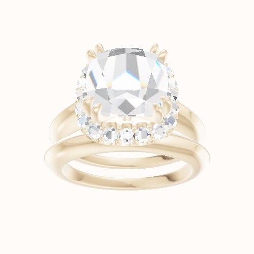 Modern Knife Edge Engagement Ring With Halo with Double Prong Head and Matching Band