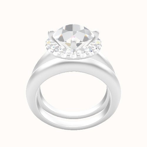 Modern Knife Edge Engagement Ring With Petal Prong Halo Head and Matching Band