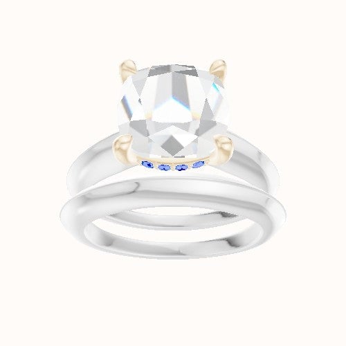 Modern Knife Edge Engagement Ring With V Prong with Hidden Halo Head and Matching Band