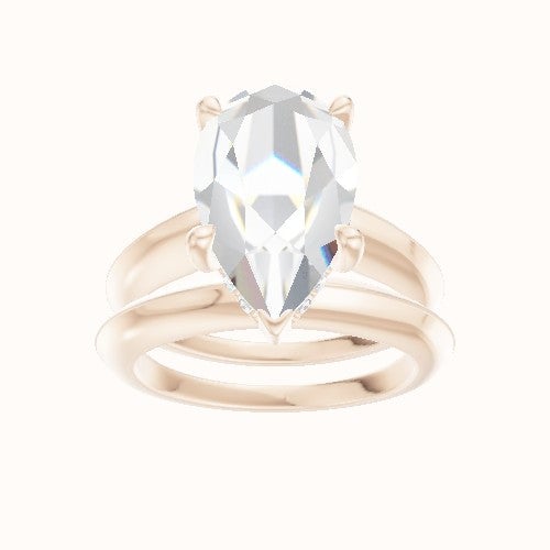 Modern Knife Edge Engagement Ring With V Prong with Hidden Halo Head and Matching Band