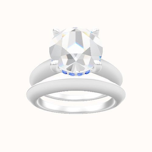 Modern Knife Edge Engagement Ring With V Prong with Hidden Halo Head and Matching Band