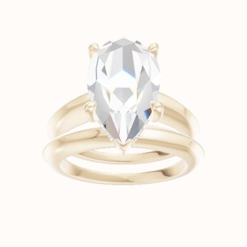 Modern Knife Edge Engagement Ring With V Prong with Hidden Halo Head and Matching Band