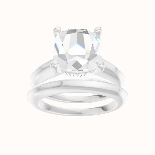 Modern Knife Edge Engagement Ring With V Prong with Hidden Halo Head and Matching Band