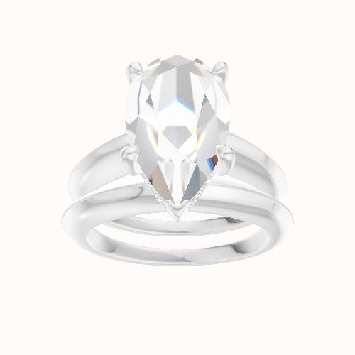 Modern Knife Edge Engagement Ring With V Prong with Hidden Halo Head and Matching Band