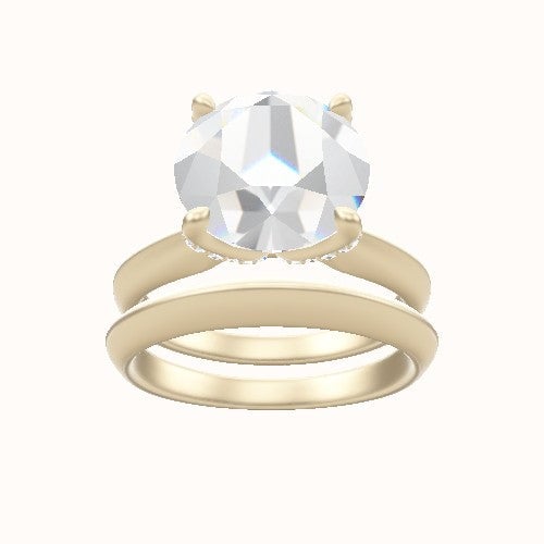 Modified Knife Edge Engagement Ring With Pave Petal Four Prong Head and Matching Band