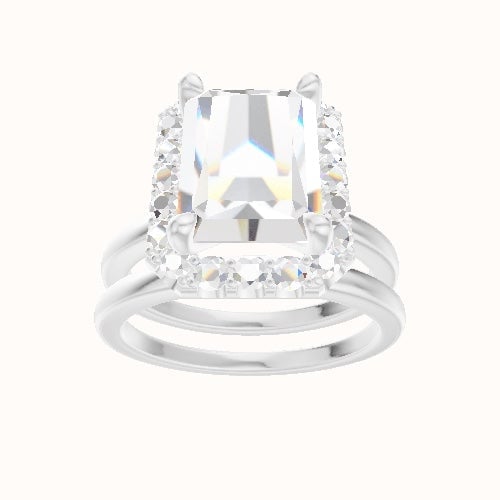 Open Solitaire Engagement Ring With Halo Head and Matching Band