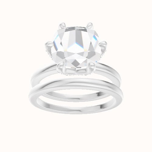 Open Solitaire Engagement Ring With Pave Petal Six Prong Head and Matching Band