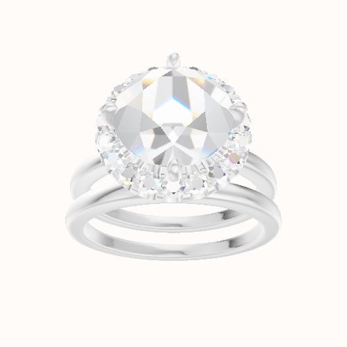 Open Solitaire Engagement Ring With Petal Prong Halo Head and Matching Band