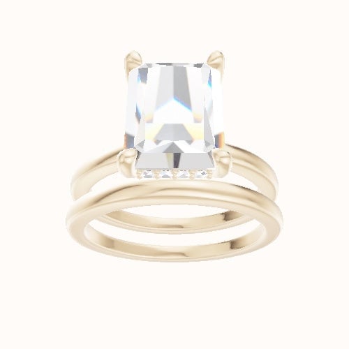 Open Solitaire Engagement Ring With V Prong with Hidden Halo Head and Matching Band