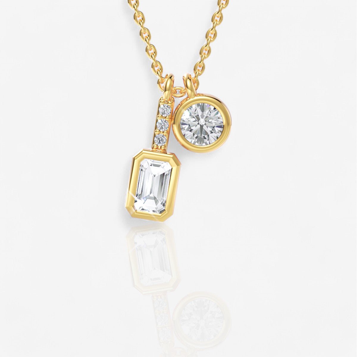 Two-Stone Bezel-Set Round Emerald Cut Diamond Pendant 18kt Yellow Gold
