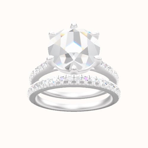 Pave Cathedral Engagement Ring With Crown Six Prong w. accent Diamond Head and Matching Band