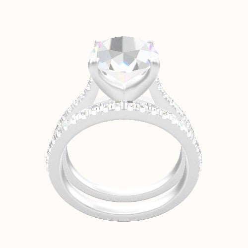 Pave Cathedral Engagement Ring With Four Prong Head and Matching Band