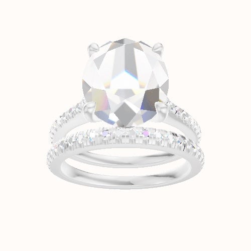 Pave Cathedral Engagement Ring With Four Prong Head and Matching Band
