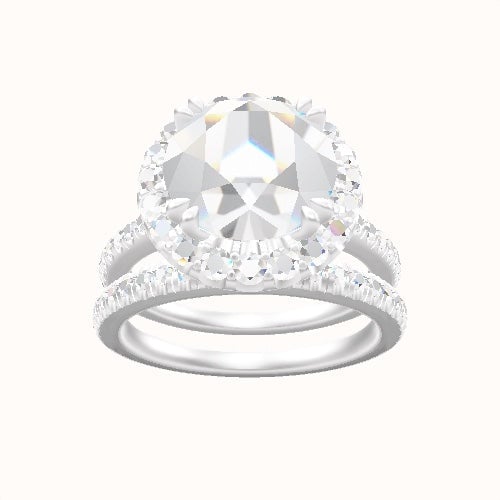 Pave Cathedral Engagement Ring With Halo with Double Prong Head and Matching Band