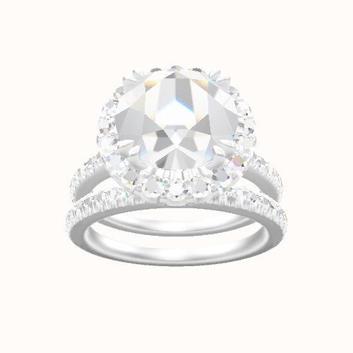 Pave Cathedral Engagement Ring With Halo with Double Prong Head and Matching Band