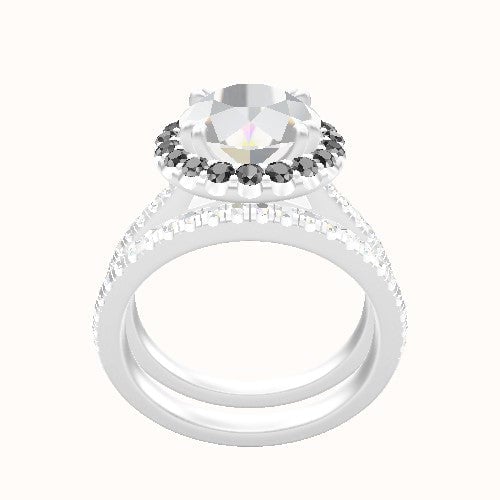 Pave Cathedral Engagement Ring With Halo with Double Prong Head and Matching Band