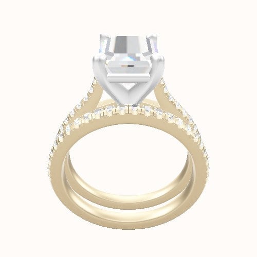 Pave Cathedral Engagement Ring With High Set Four Prong Head and Matching Band