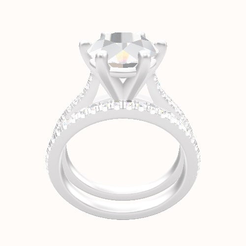 Pave Cathedral Engagement Ring With High Set Six Prong Head and Matching Band