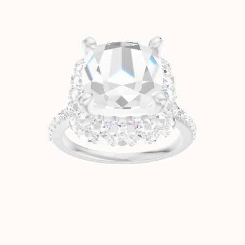 Pave Cathedral Engagement Ring With High Set Waterfall Halo Head and Matching Band