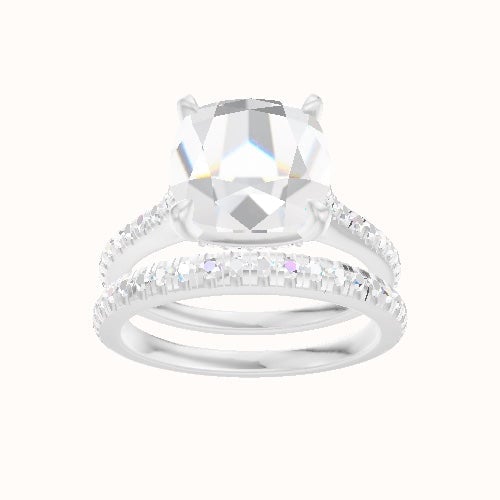 Pave Cathedral Engagement Ring With Low Set Pave  Hidden Halo Head and Matching Band