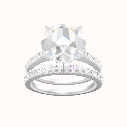 Pave Cathedral Engagement Ring With Low Set Pave  Hidden Halo Head and Matching Band