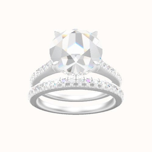 Pave Cathedral Engagement Ring With Low Set Pave  Hidden Halo Head and Matching Band