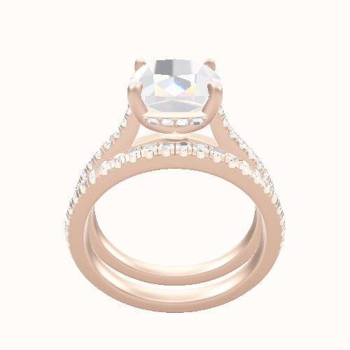 Pave Cathedral Engagement Ring With Low Set Pave  Hidden Halo Head and Matching Band